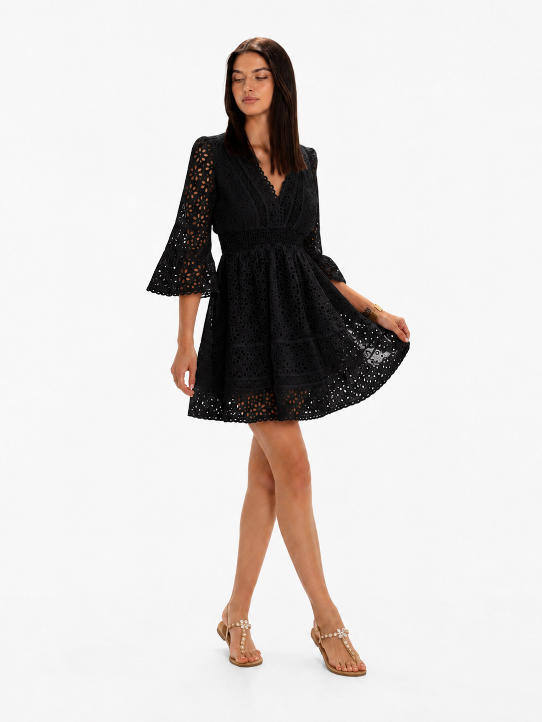 "Veleno" dress in black cotton sangallo lace