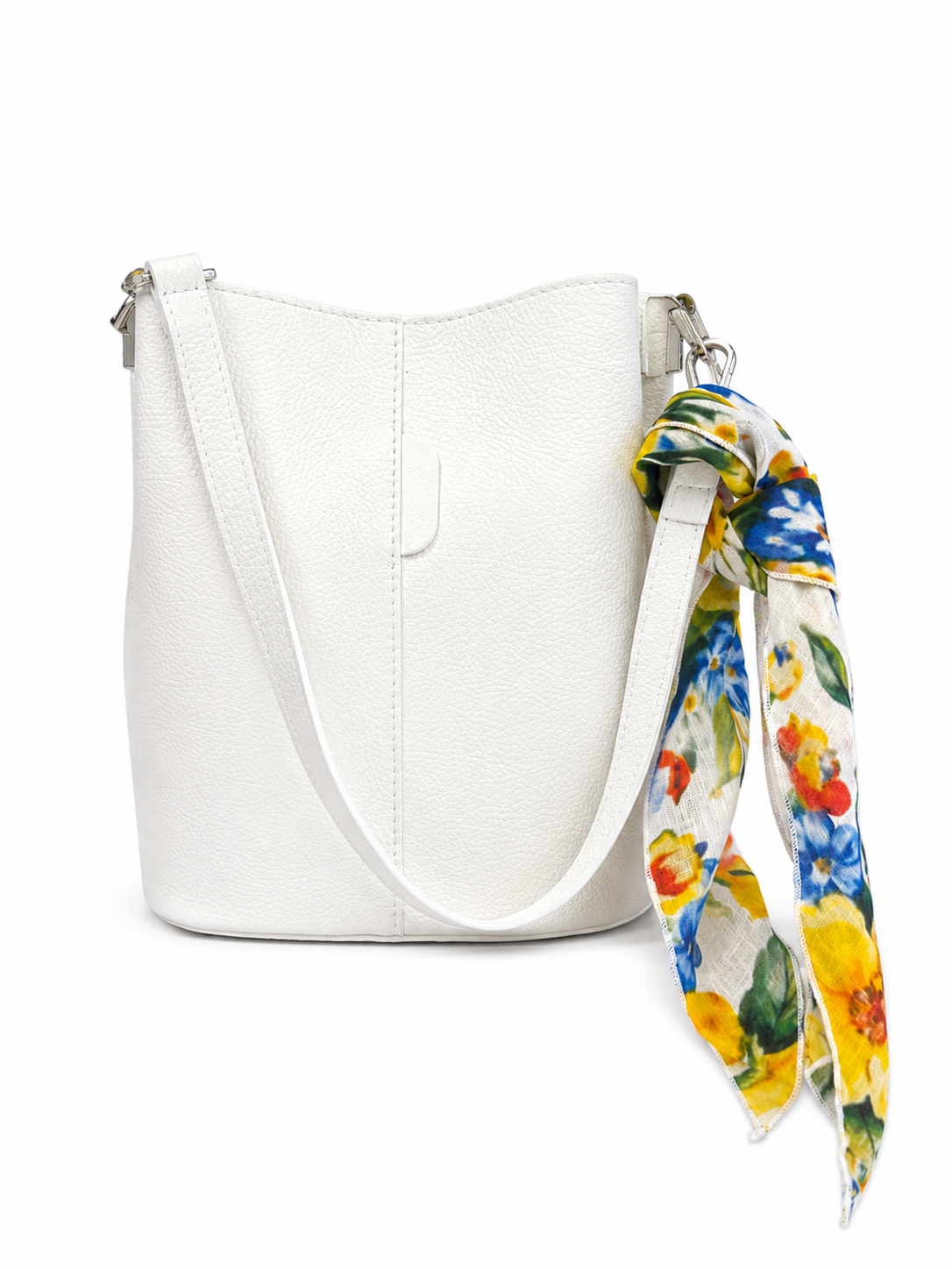 Large white leather bucket bag with linen scarf