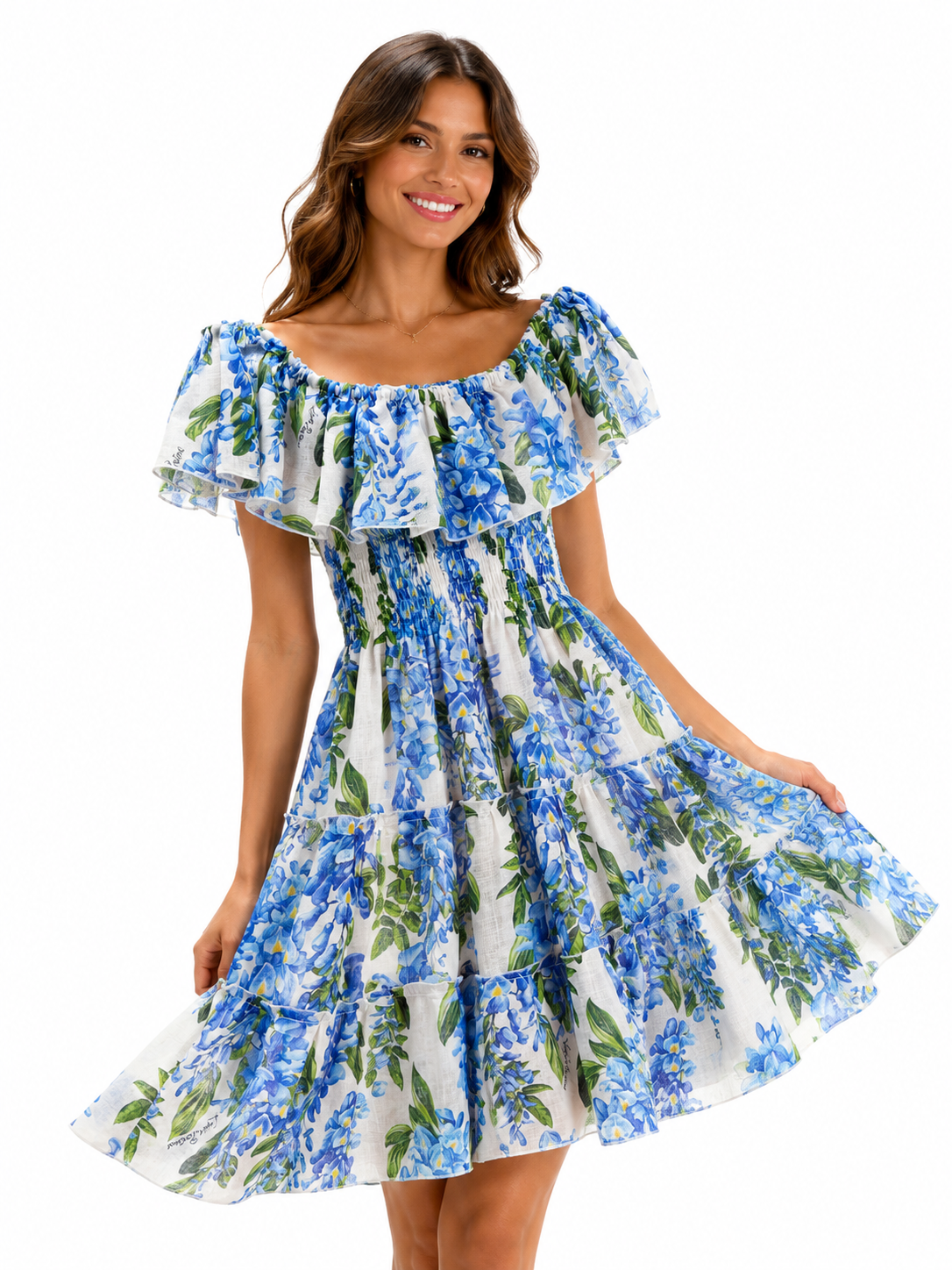 Short flounce dress in blue wisteria print linen
