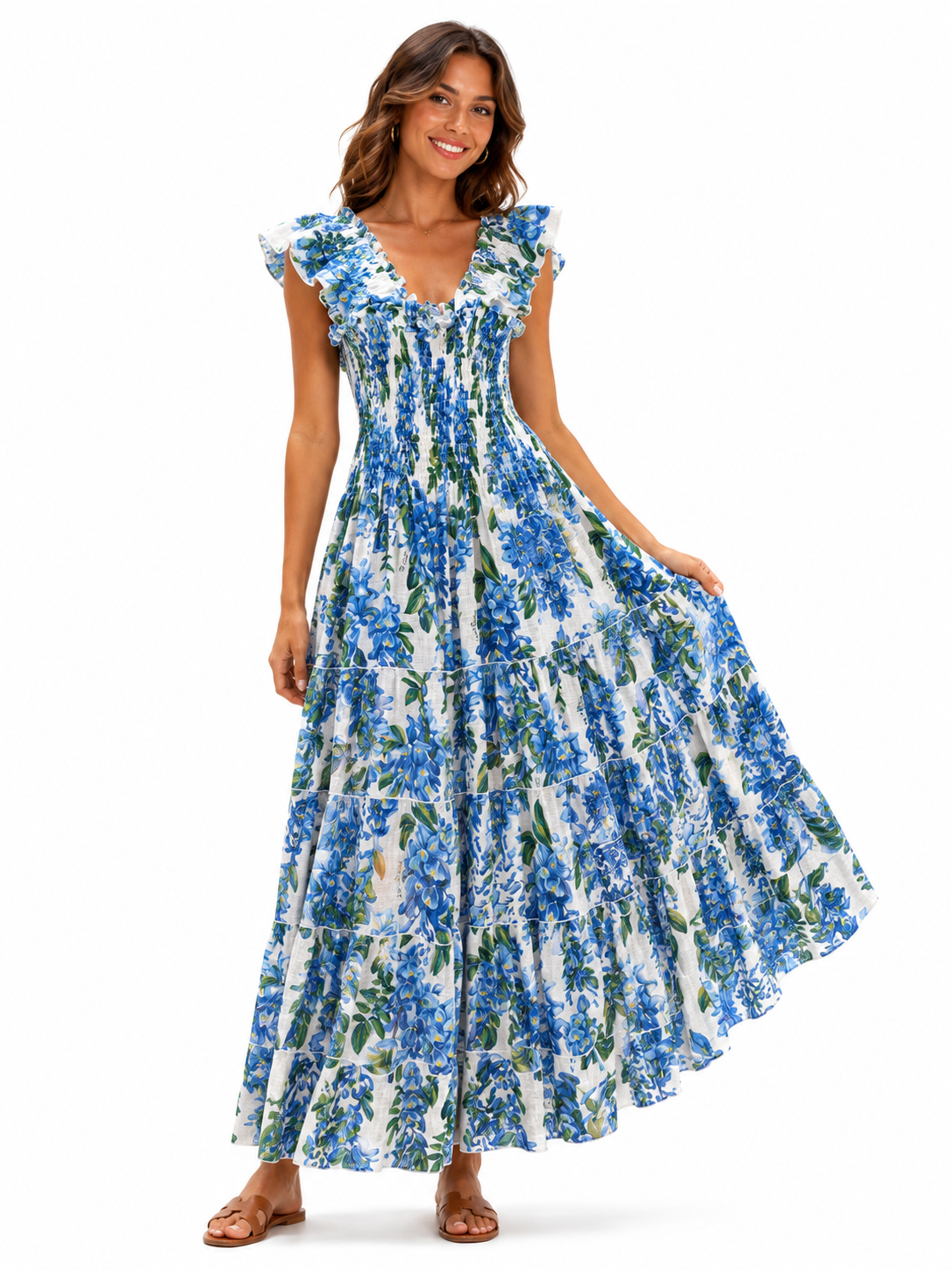 Tori linen wisteria print light blue sundress