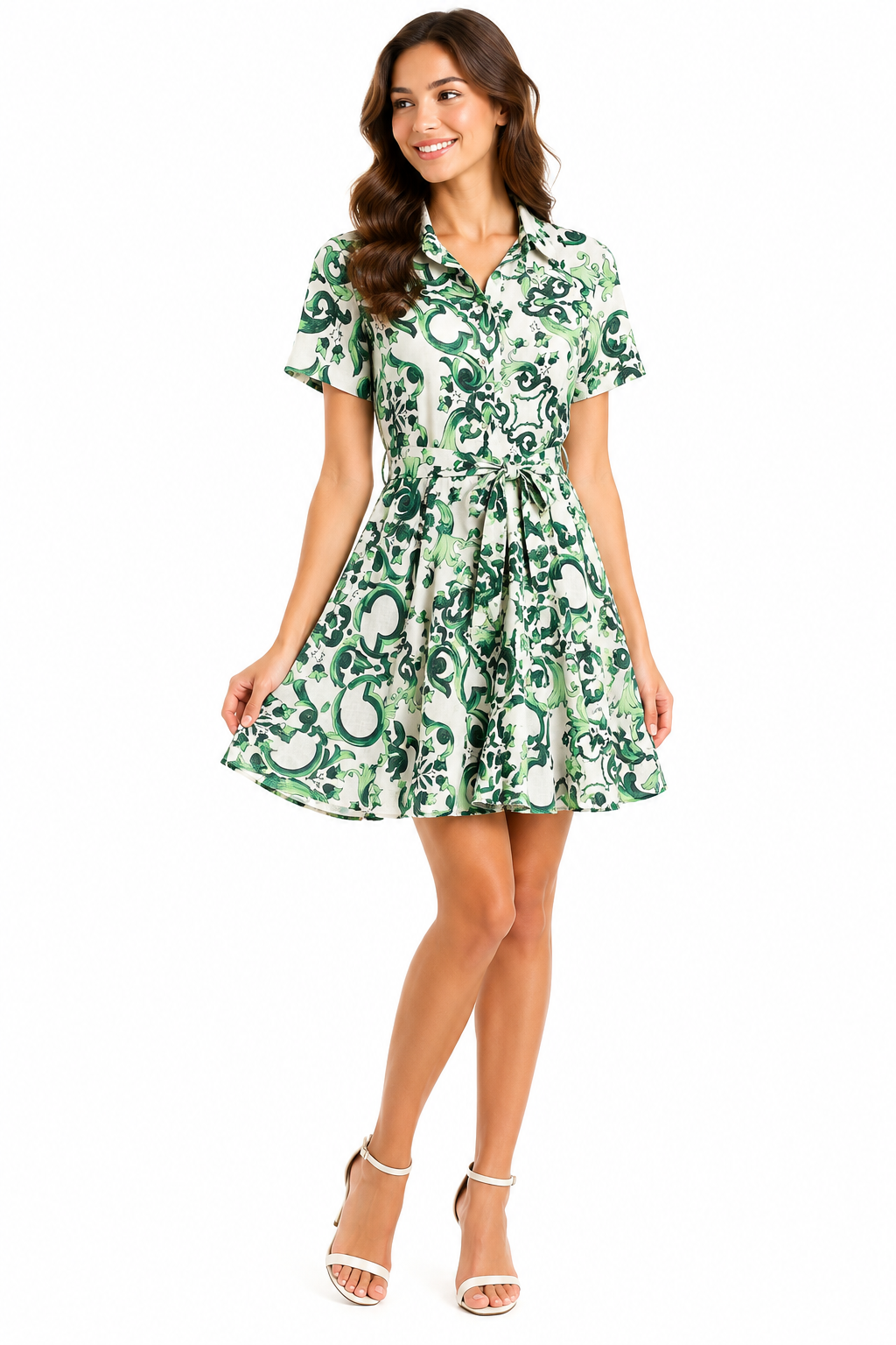 Daphne dress in Ravello green print linen