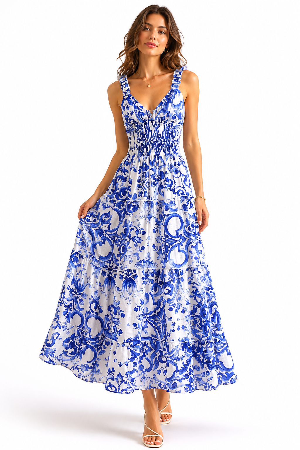 Ravello blue print linen Peach dress
