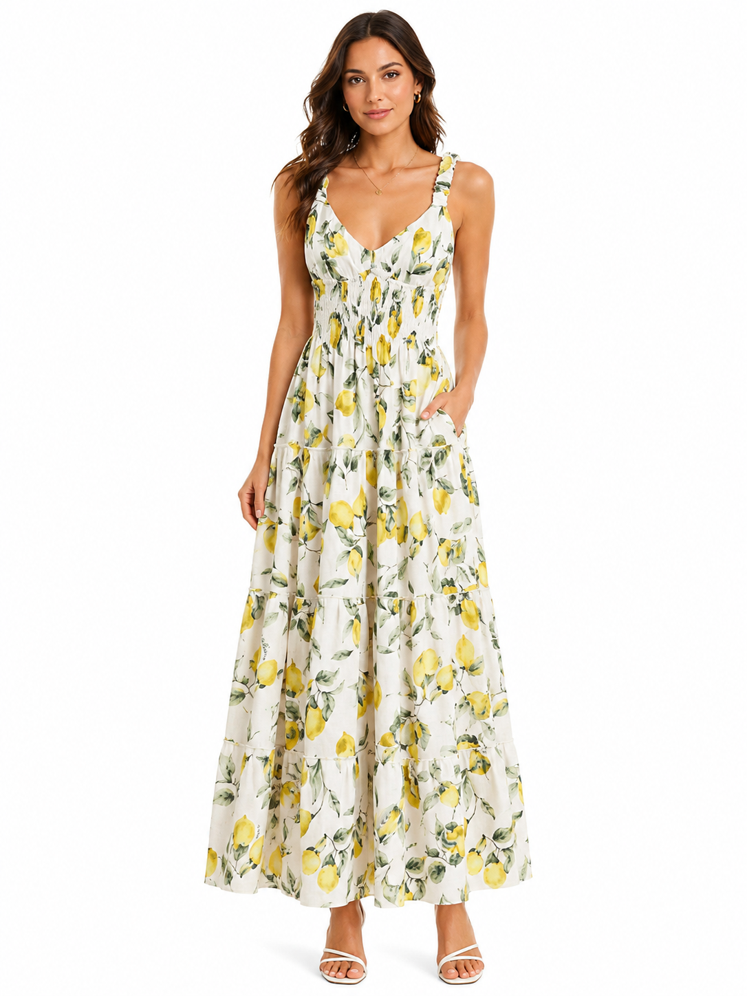 Long peach linen dress with lemon print
