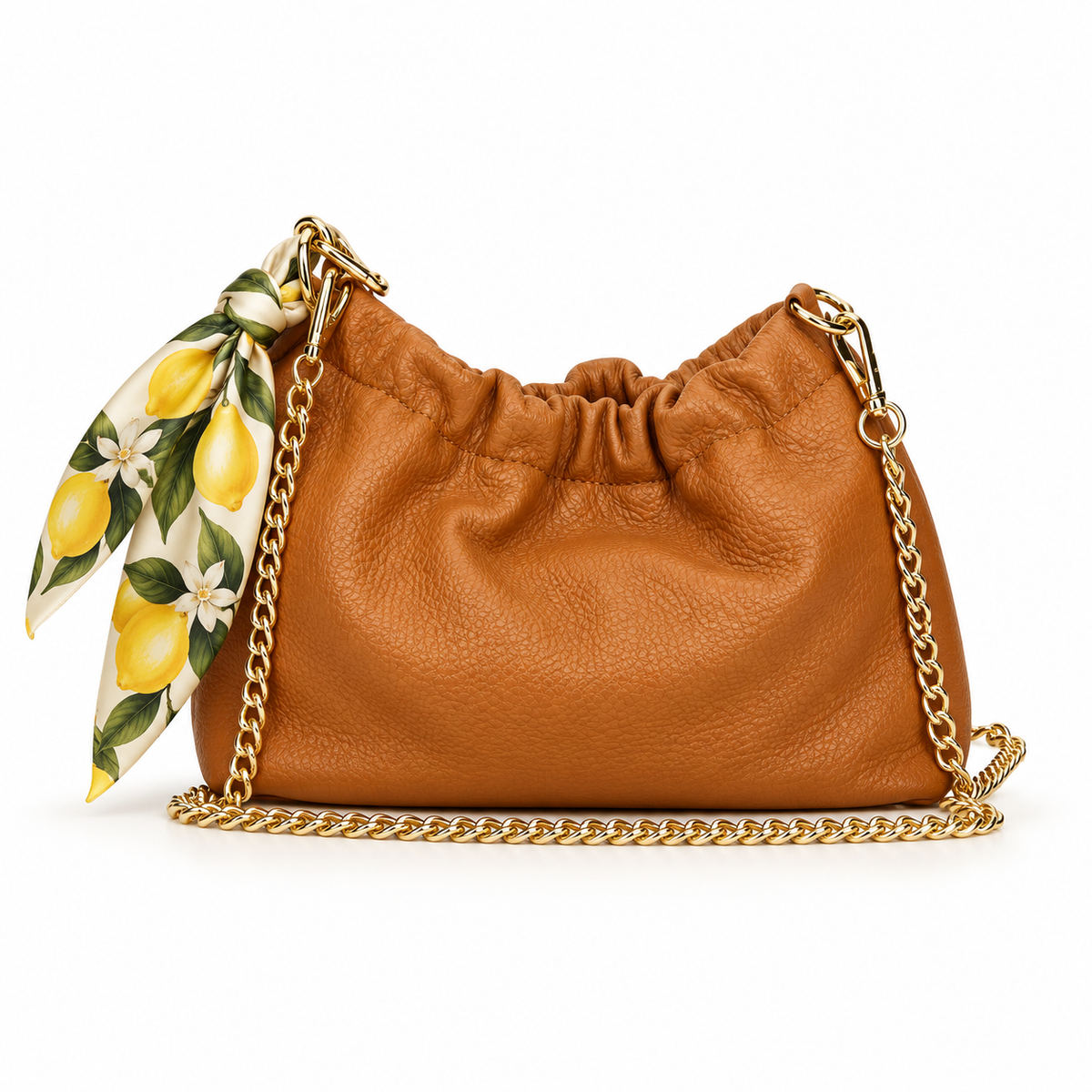 Borsa piccola Sissi in pelle color cognac con foulard limoni