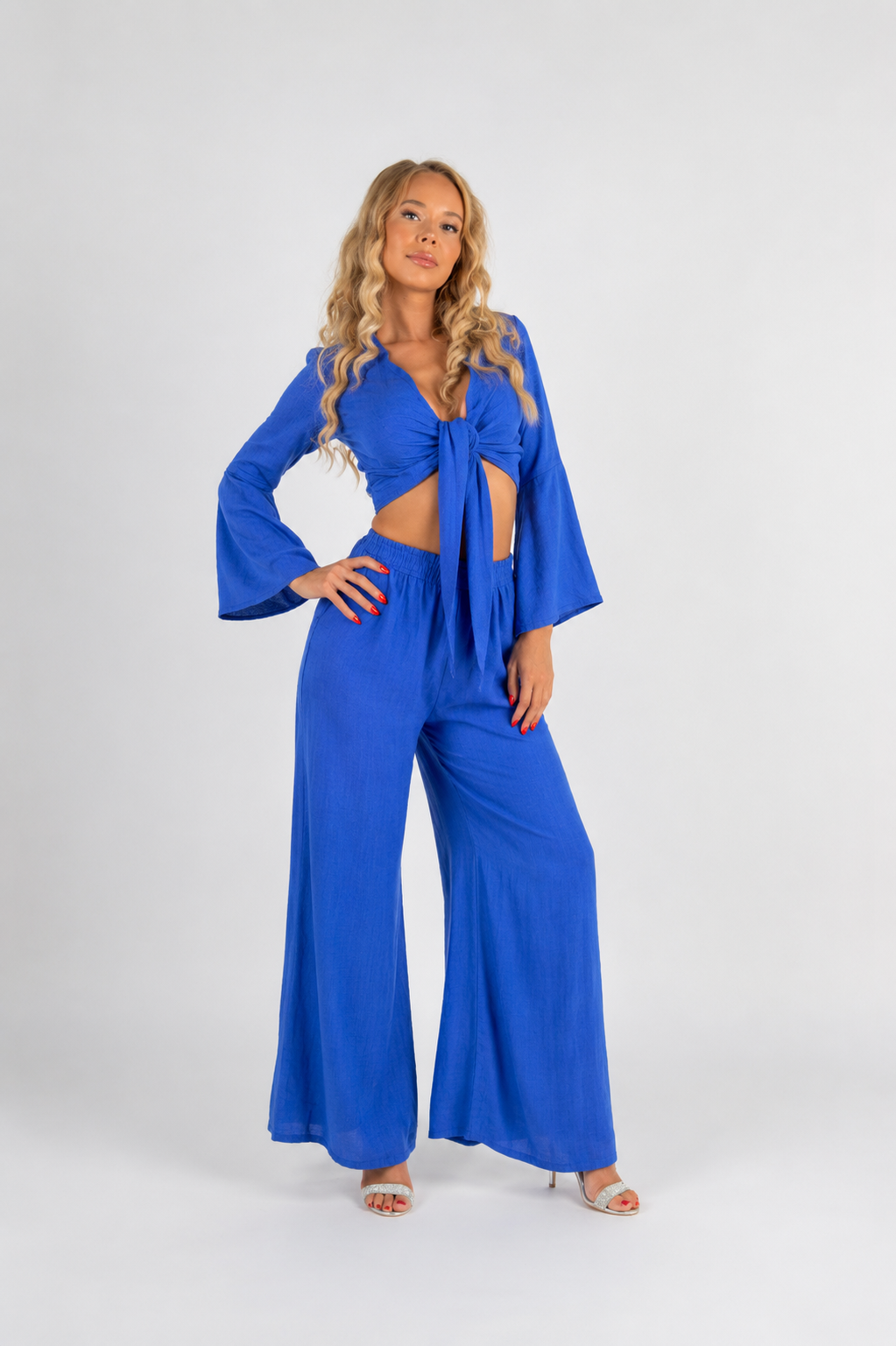 Coordinato top Orione e pantaloni Mandala in lino blu