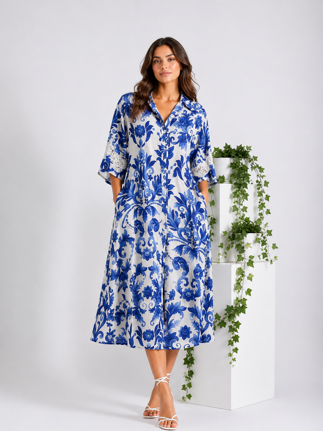 Abito Virginia in lino stampa Ramo blu taglia L