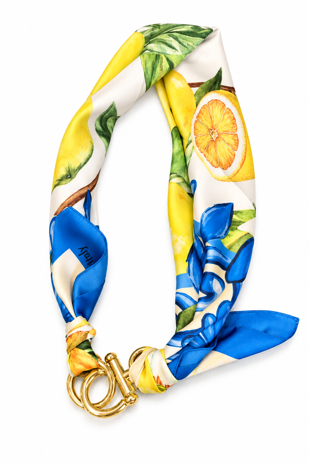 Cintura foulard effetto seta stampa limoni cornice blu