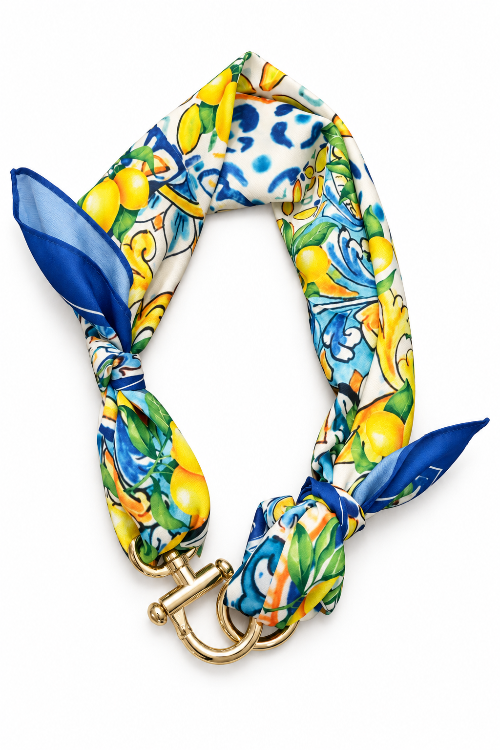 Cintura foulard effetto seta stampa maiolica blu giallo e limoni