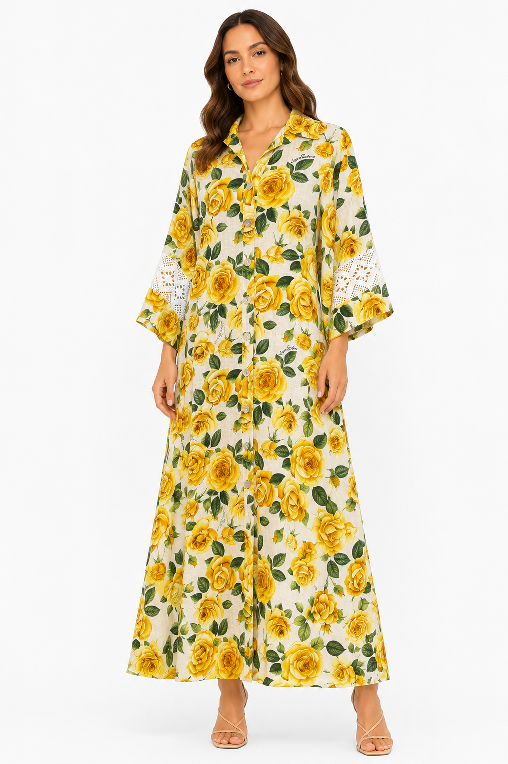Kleid Virginia gelbe Rosen Print Größe L mit Leinen-Gürtel