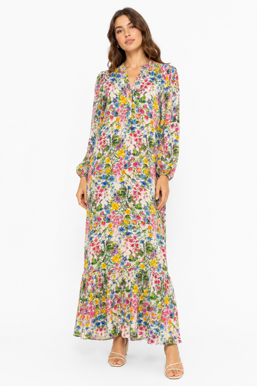 Abito Nerea floreale in lino con cintura tg M/L