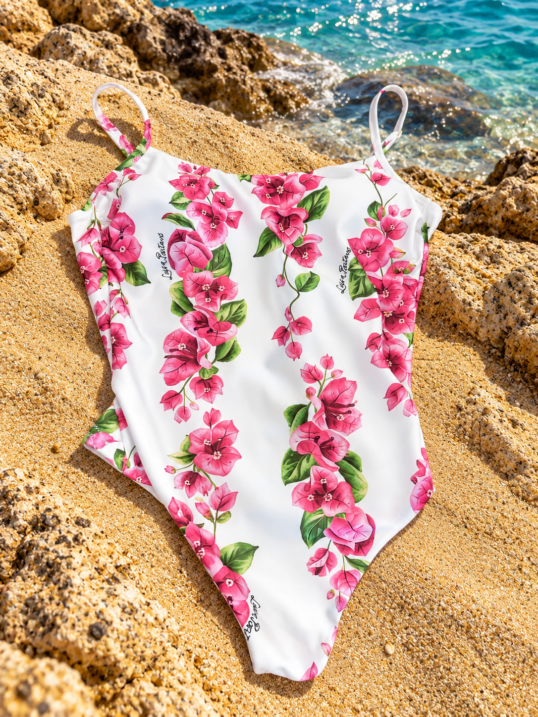 Bikini intero in lycra stampa bouganville rosa