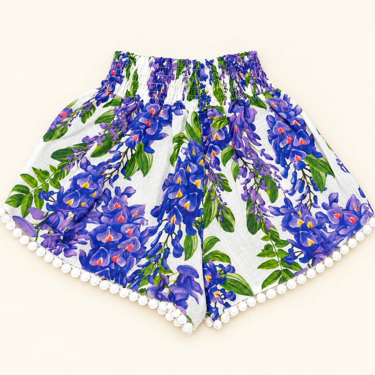 Pantaloncini Mimi in lino stampa glicine viola one size