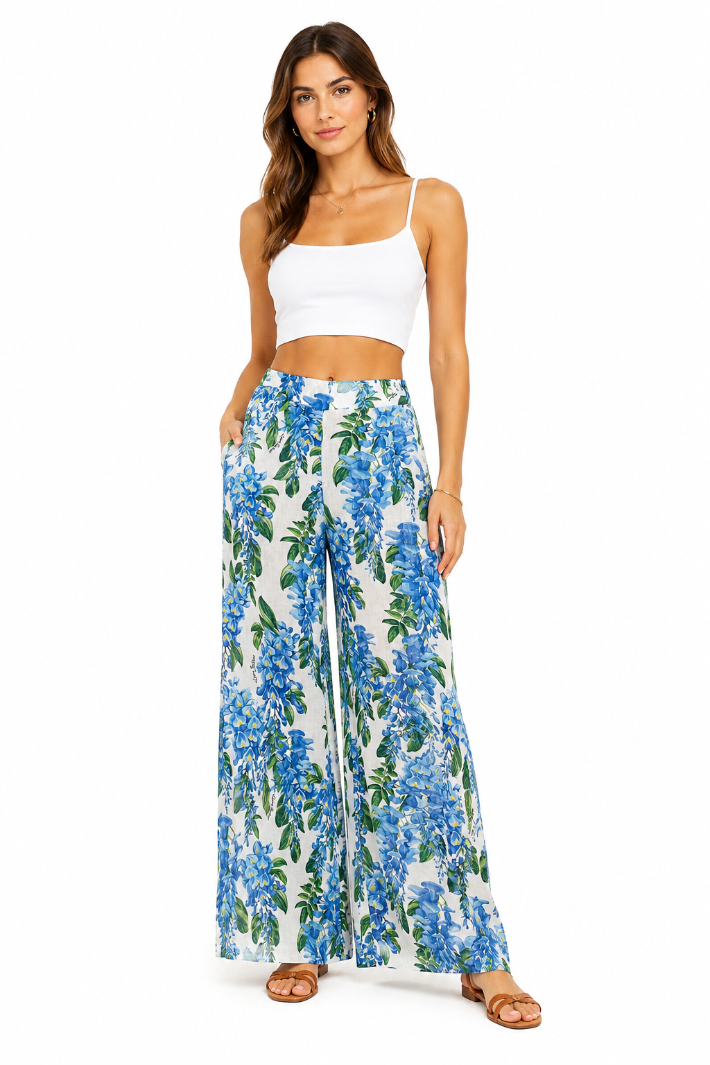 Pantaloni modello Maira in lino stampa glicine azzurro