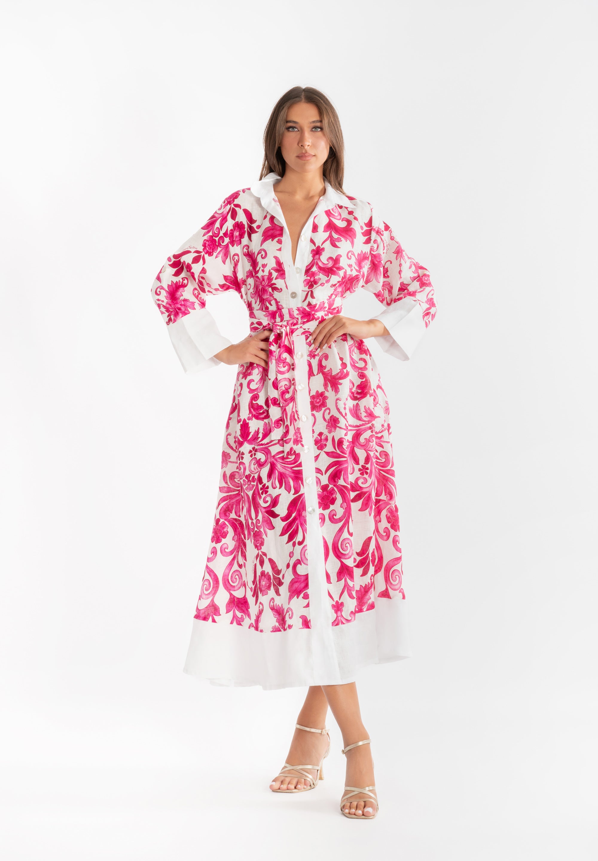 ASAL dress in pink branch print linen