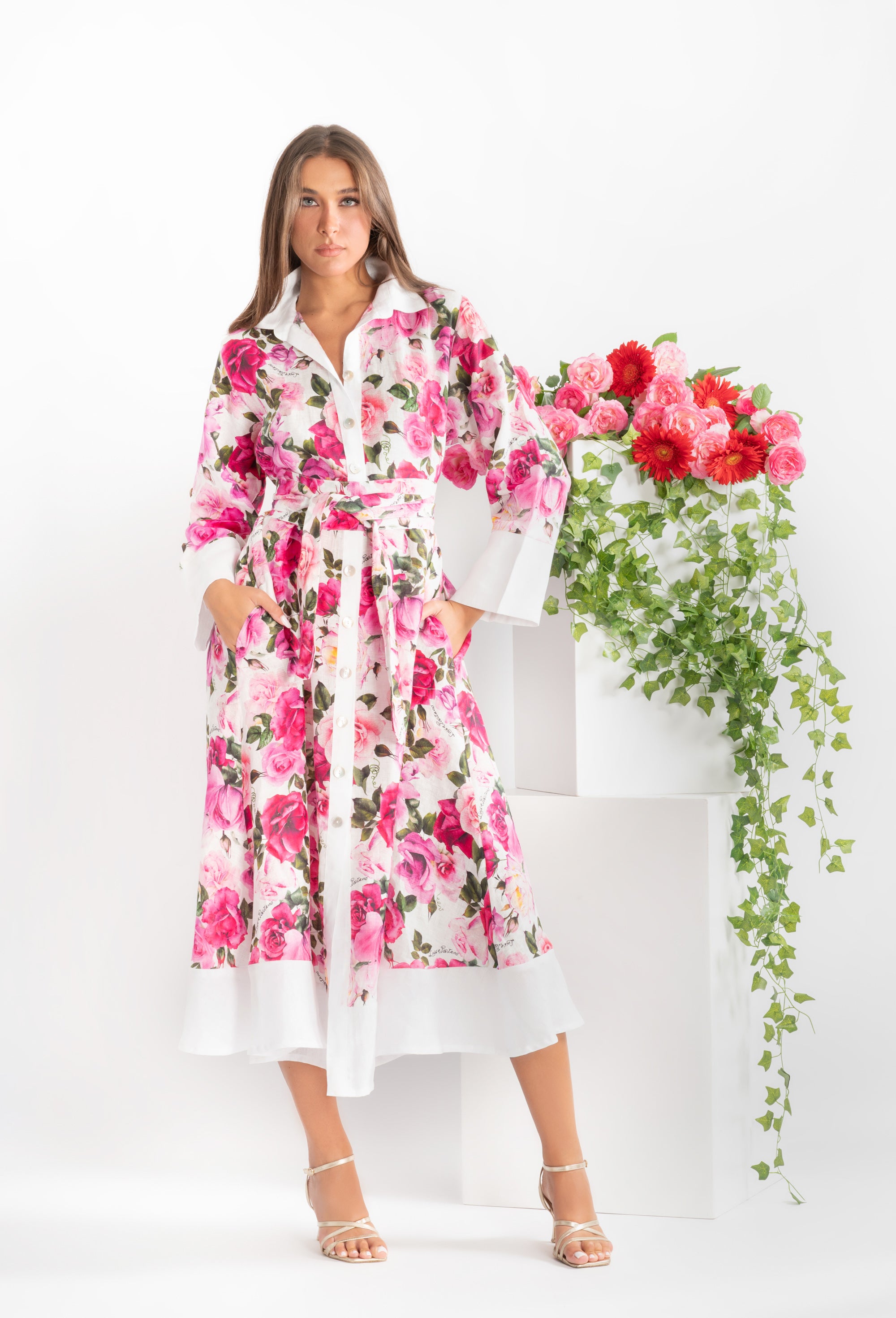 Asal long dress in rose-print linen