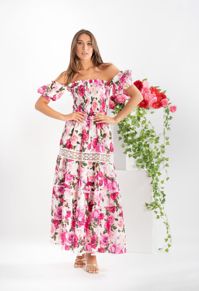 Austria long dress in rose-print linen