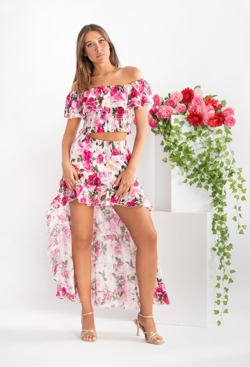 Volant top and Barcellona skirt set in rose-print linen