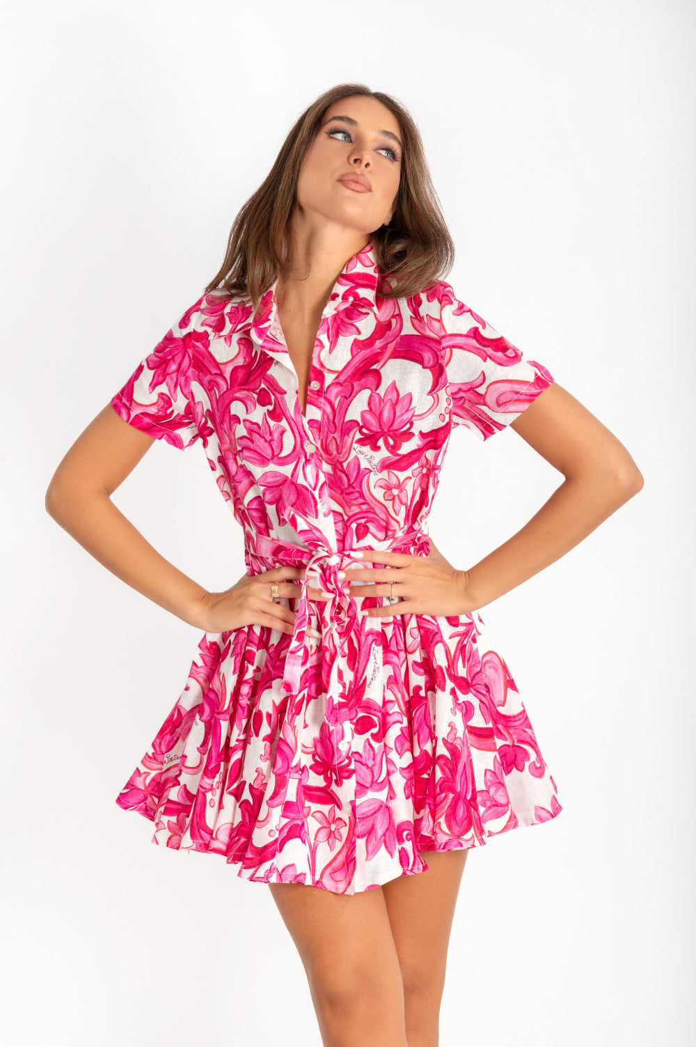 Dafne dress in pink painting print linen