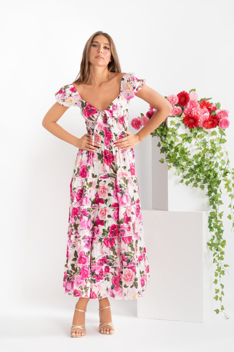 Abito Fresella lungo in lino stampa rose