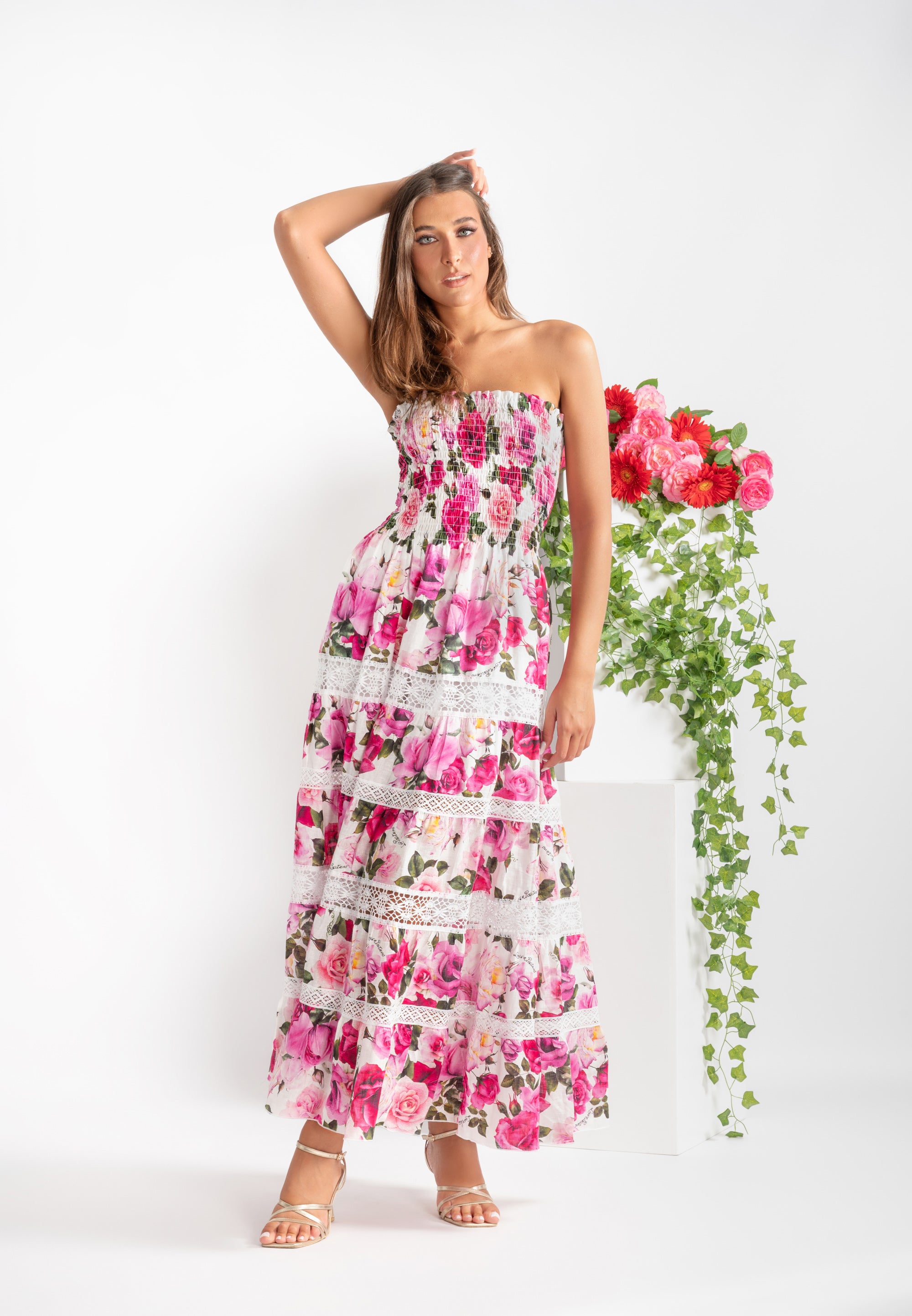 Tori Lace Long Dress in Linen and Lace