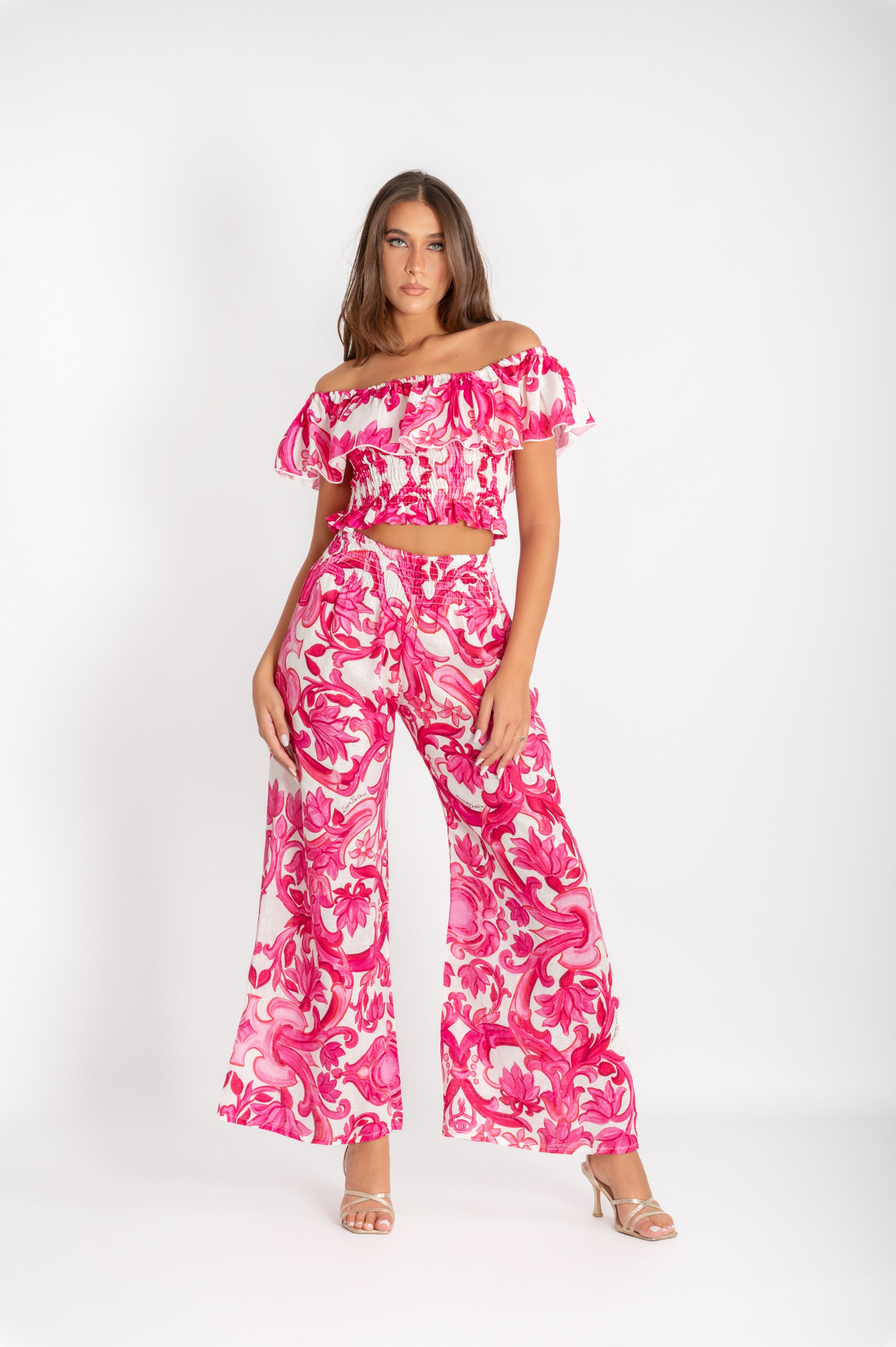 Ruffle top and Mandala trousers set in pink painting print linen
